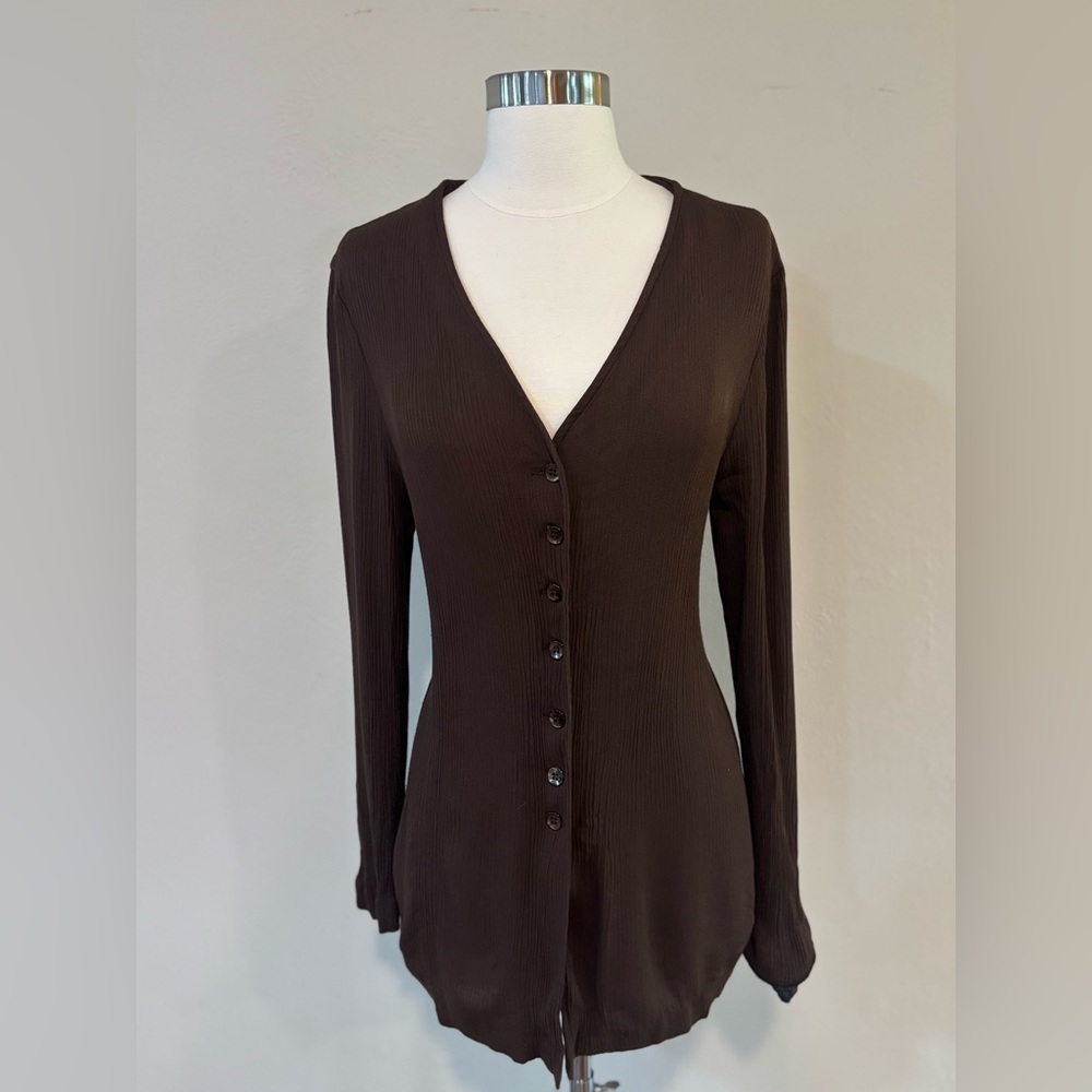 Vintage Chocolate Brown Button-Up  Top